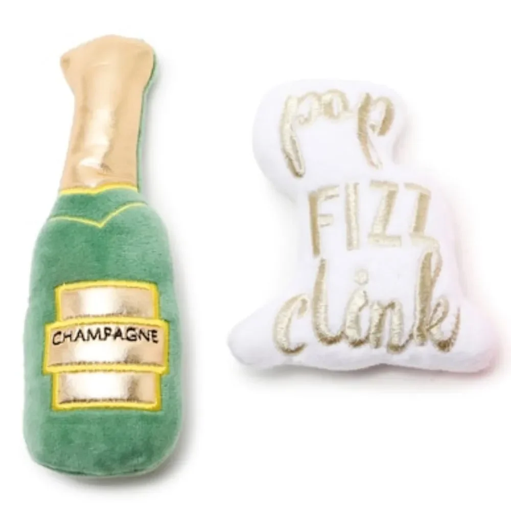 Fringe 3 Piece Mini Dog Toy Feeling Bubbly Plush Champagne Squeaker Crinkle New